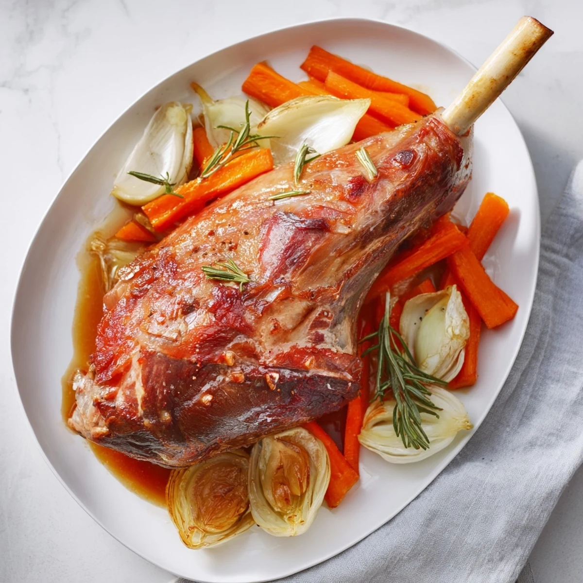 Melt-in-your-mouth Slow-Roasted Lamb Shanks, beautifully browned, surrounded by flavorful vegetables in a Dutch oven.