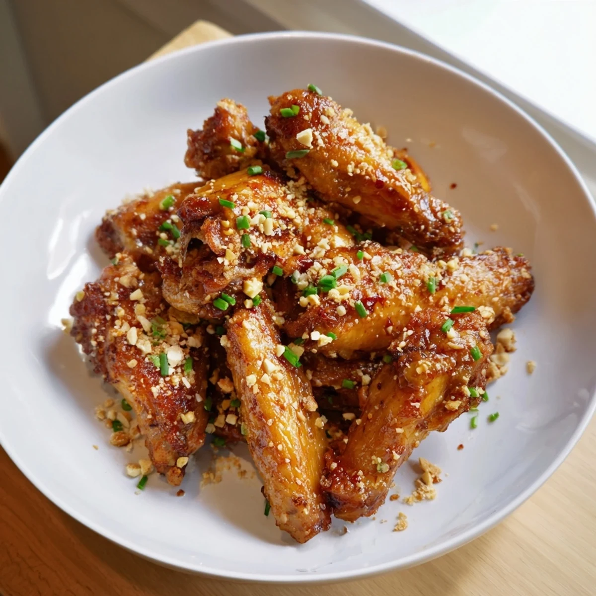 Sweet and spicy, sticky Honey-Chili Glazed Chicken Wings, garnished with sesame seeds and green onions.