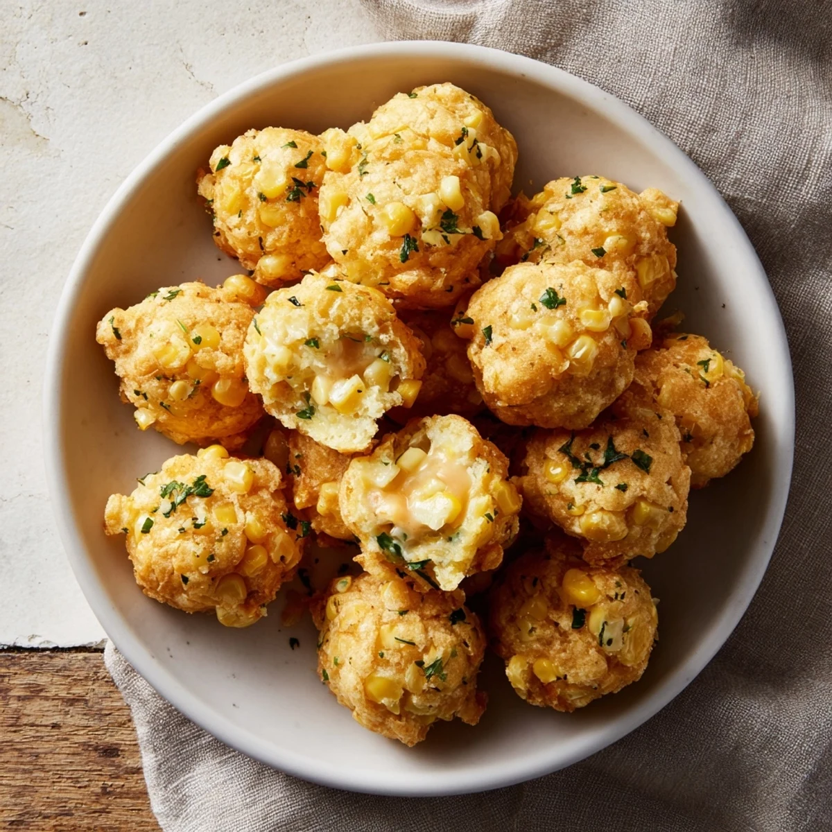 Golden corn and cheddar fritters, crispy and golden brown, ready to be served with dipping sauces.