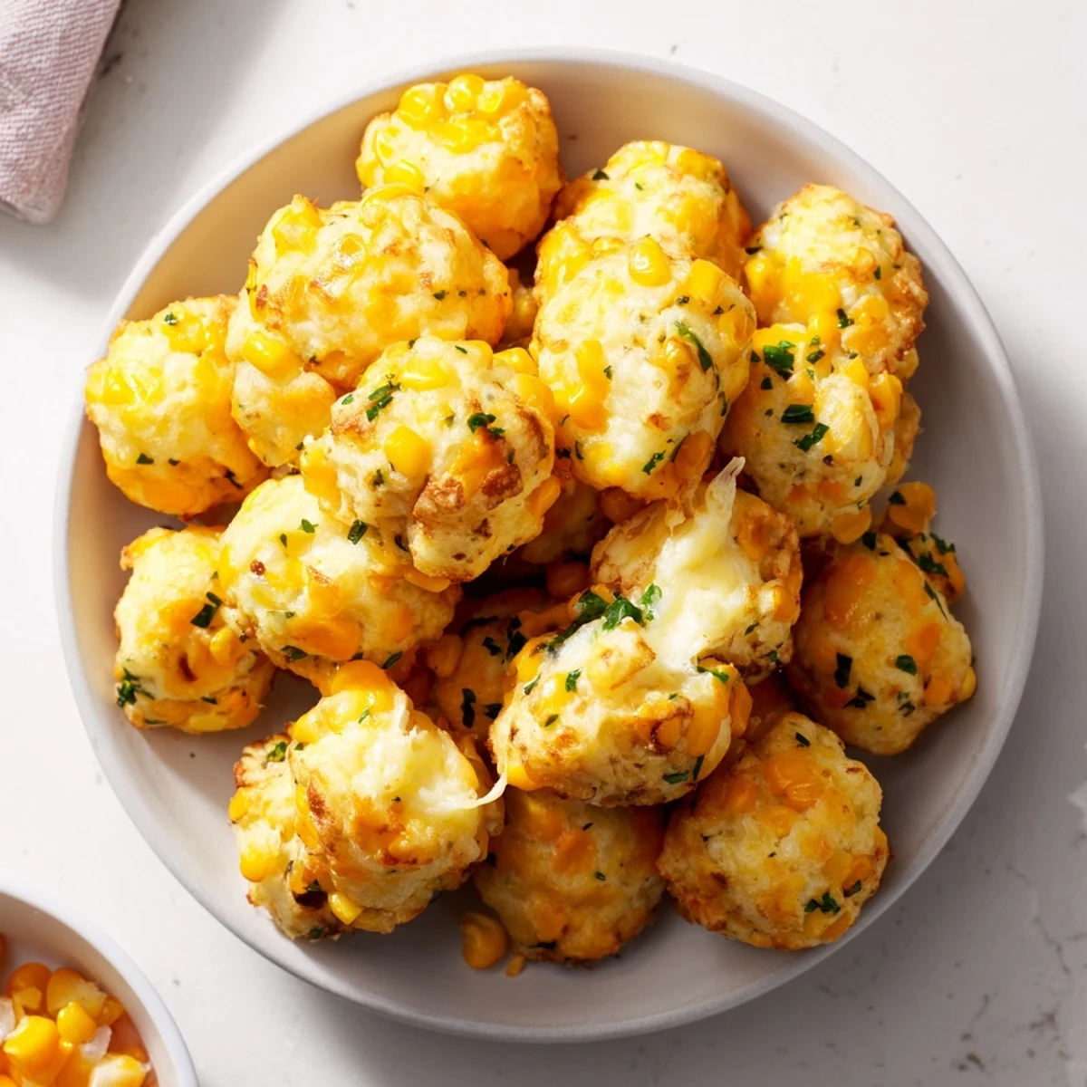 A close-up shot of hot, delicious golden corn and cheddar fritters just pulled from the skillet.