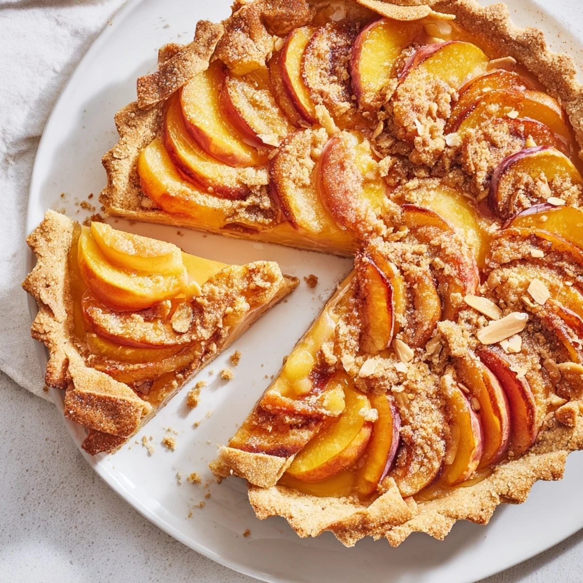 Golden, rustic Peach and Almond Tart, with juicy peaches and flaked almonds, ready to serve warm.