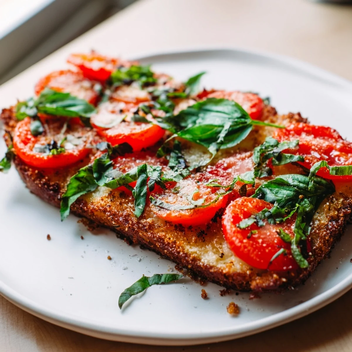 Homemade tomato and basil flatbread served warm, showcasing crispy crust and glistening, fresh toppings.