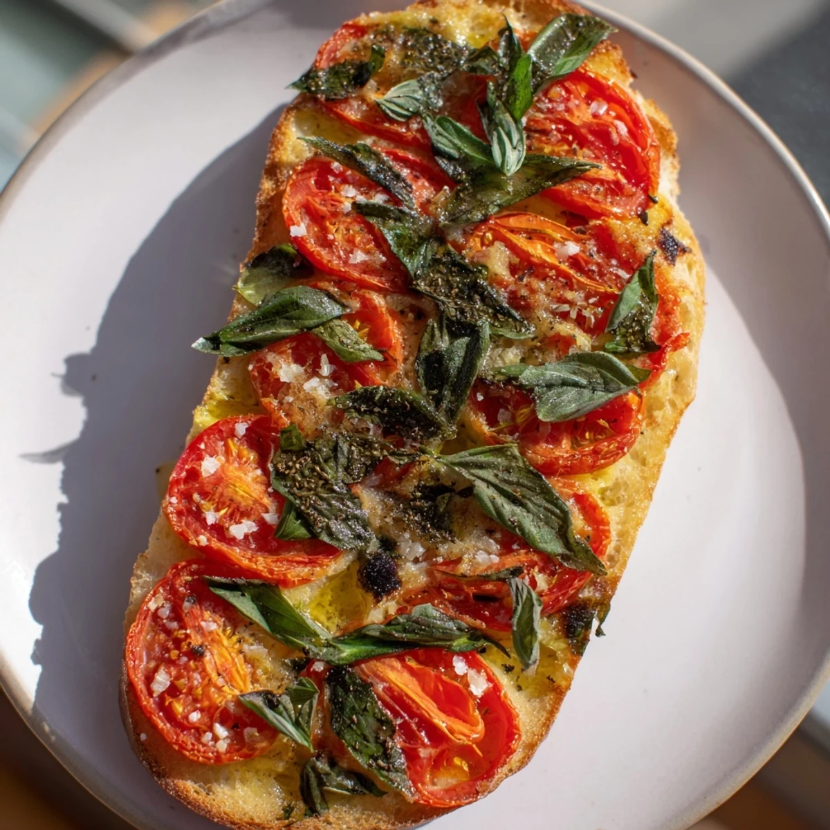 Enjoy the delicious aroma of fresh baked tomato and basil flatbread, perfect for a Mediterranean appetizer.