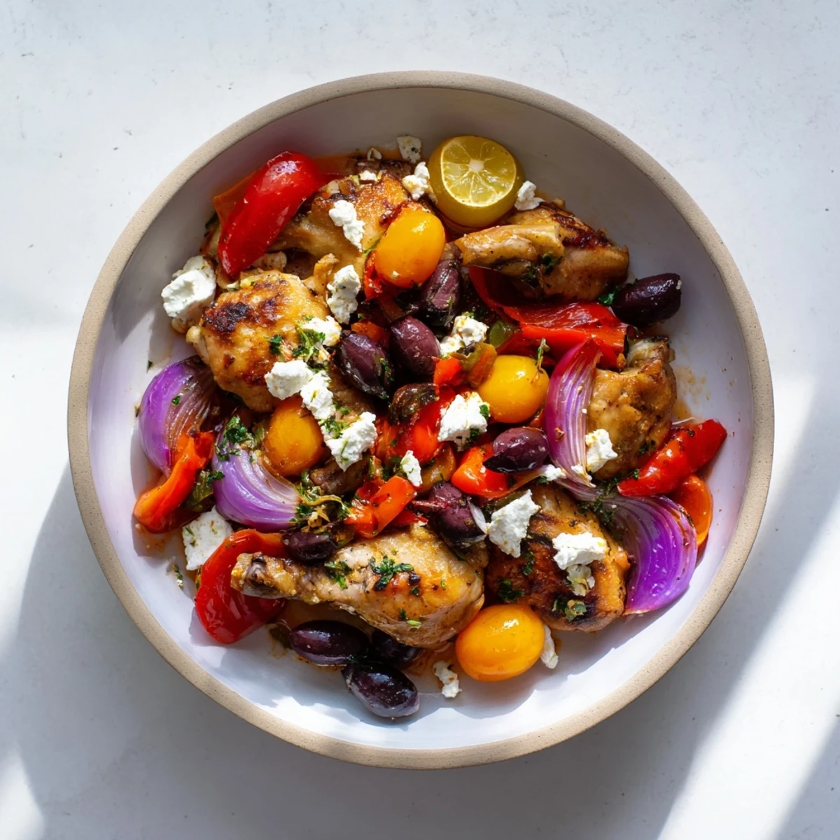 Easy Sheet Pan Greek Chicken with colorful roasted vegetables and crumbled feta, ready to serve.