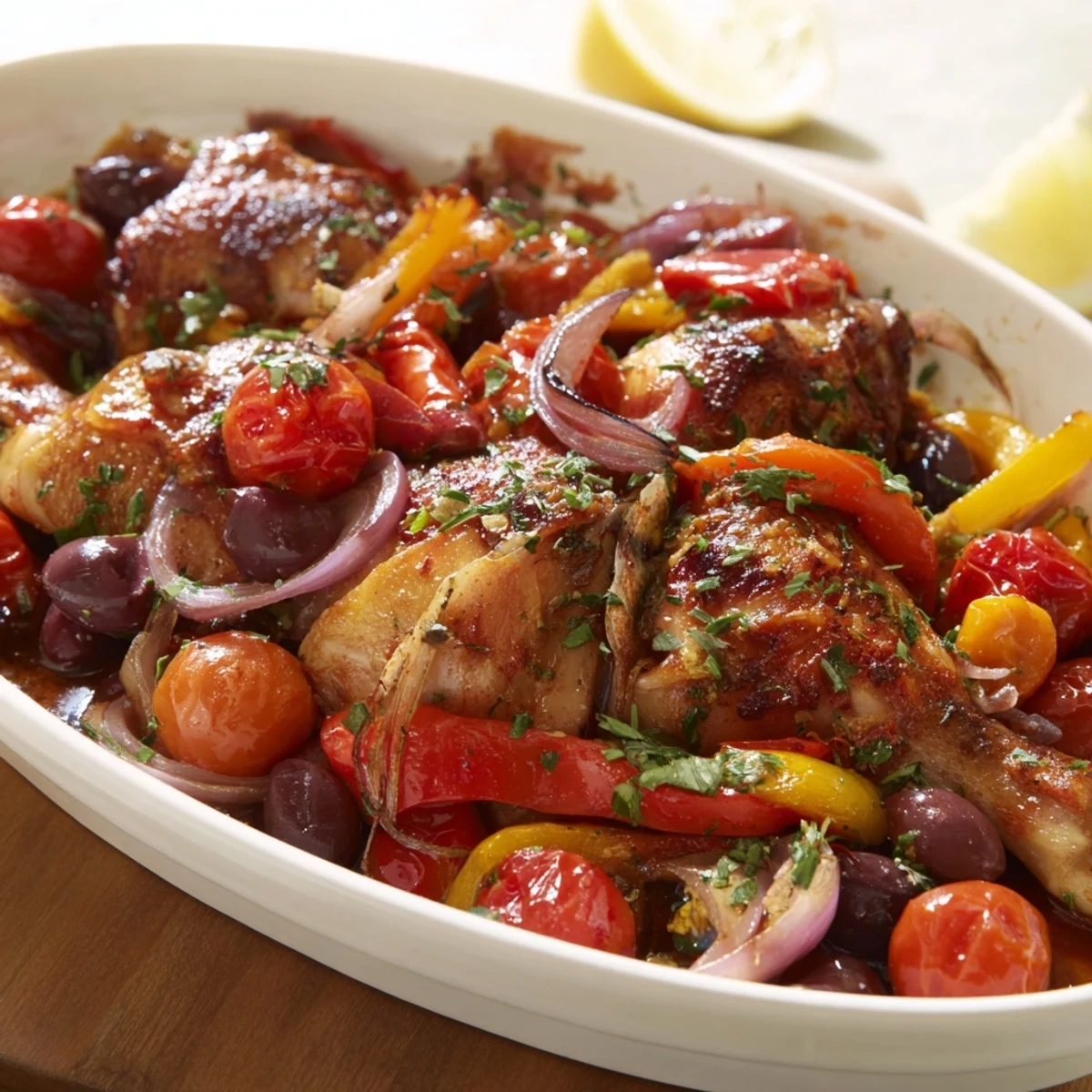 Golden-brown Easy Sheet Pan Greek Chicken, surrounded by vibrant bell peppers, is a complete meal.
