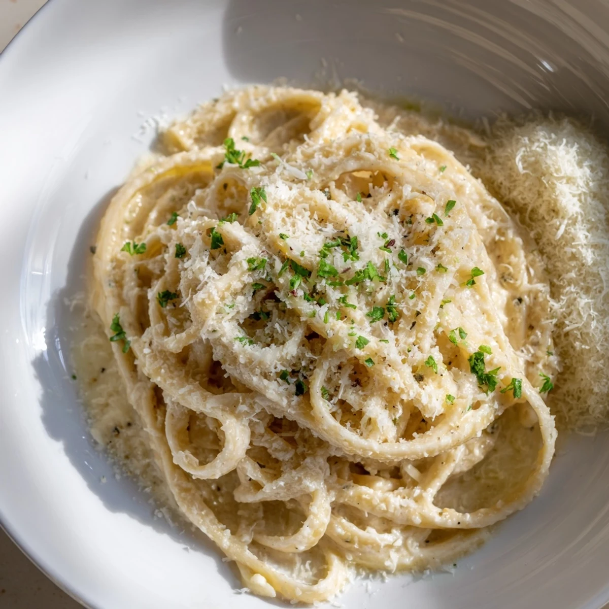 Steaming bowl of creamy Alfredo pasta, a quick and delicious Italian meal, ready in minutes.