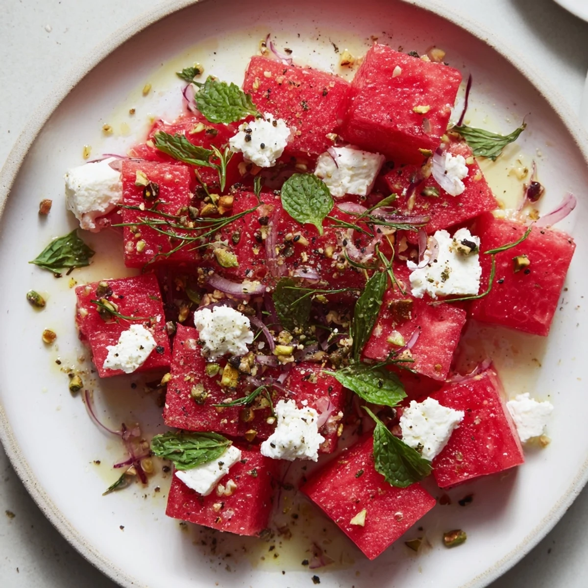 Vibrant Fresh Watermelon and Feta Salad with Balsamic Glaze featuring juicy watermelon and crumbled feta cheese.