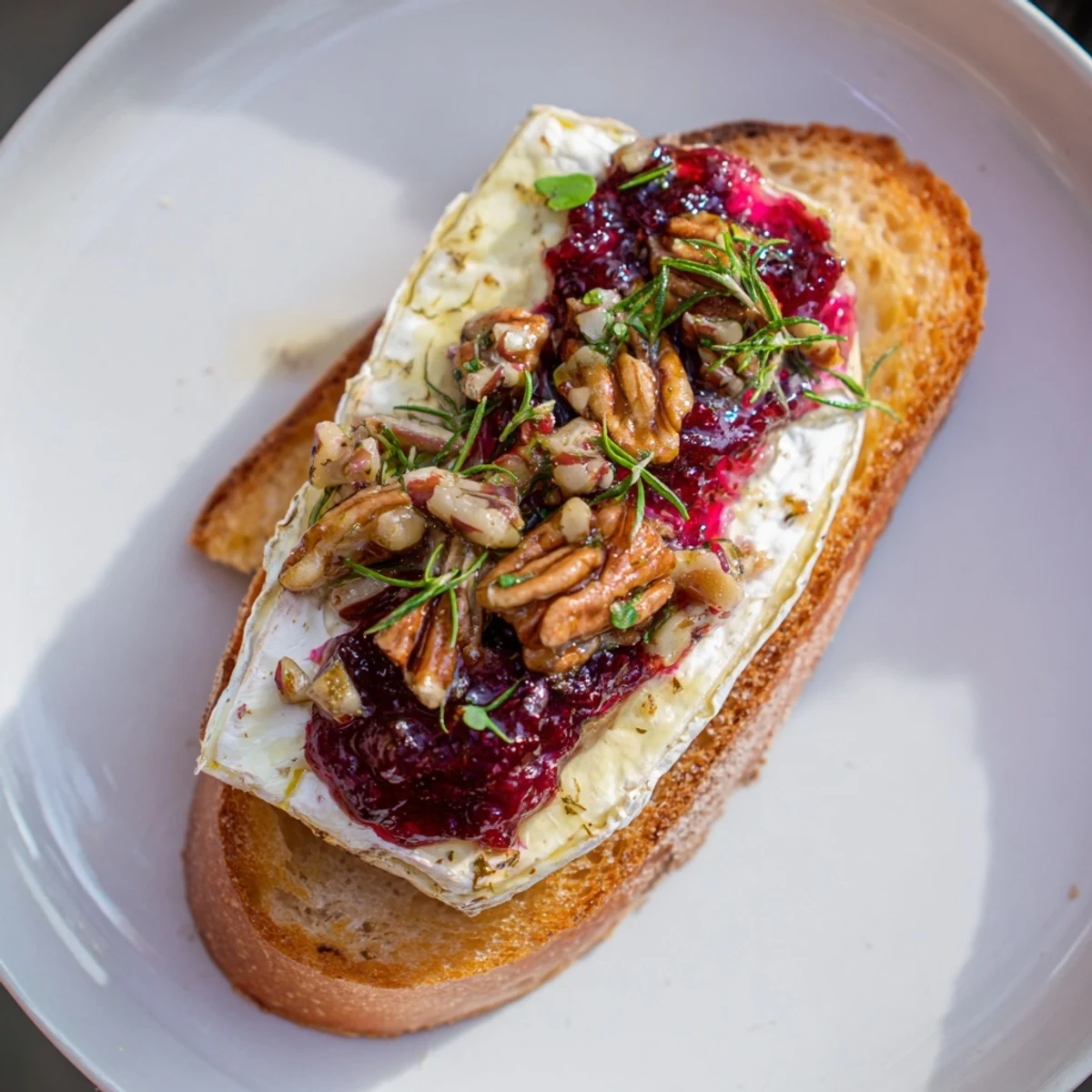 Golden, toasted Holiday Cranberry and Brie Crostini, with creamy cheese and vibrant cranberry topping.