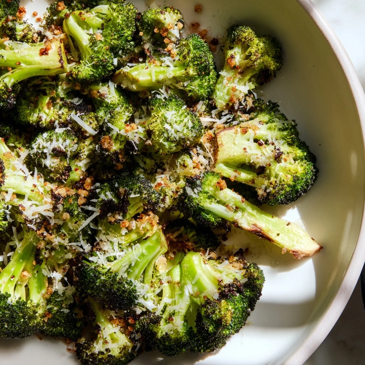 Golden-brown Simple Garlic and Parmesan Roasted Broccoli ready to serve with fragrant garlic aroma.
