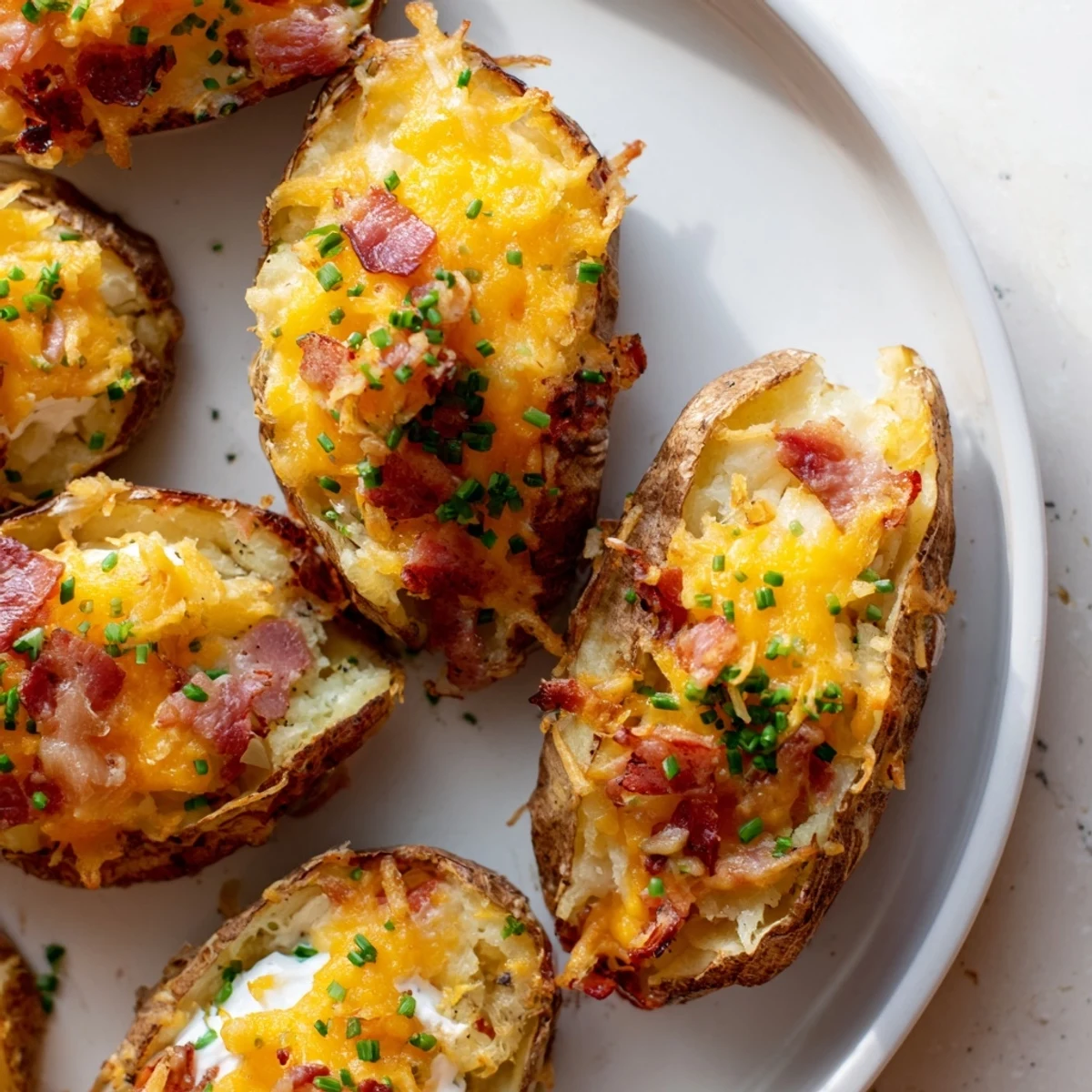 Golden and bubbly air-fryer potato skins loaded with melted cheddar, bacon, and cool sour cream.