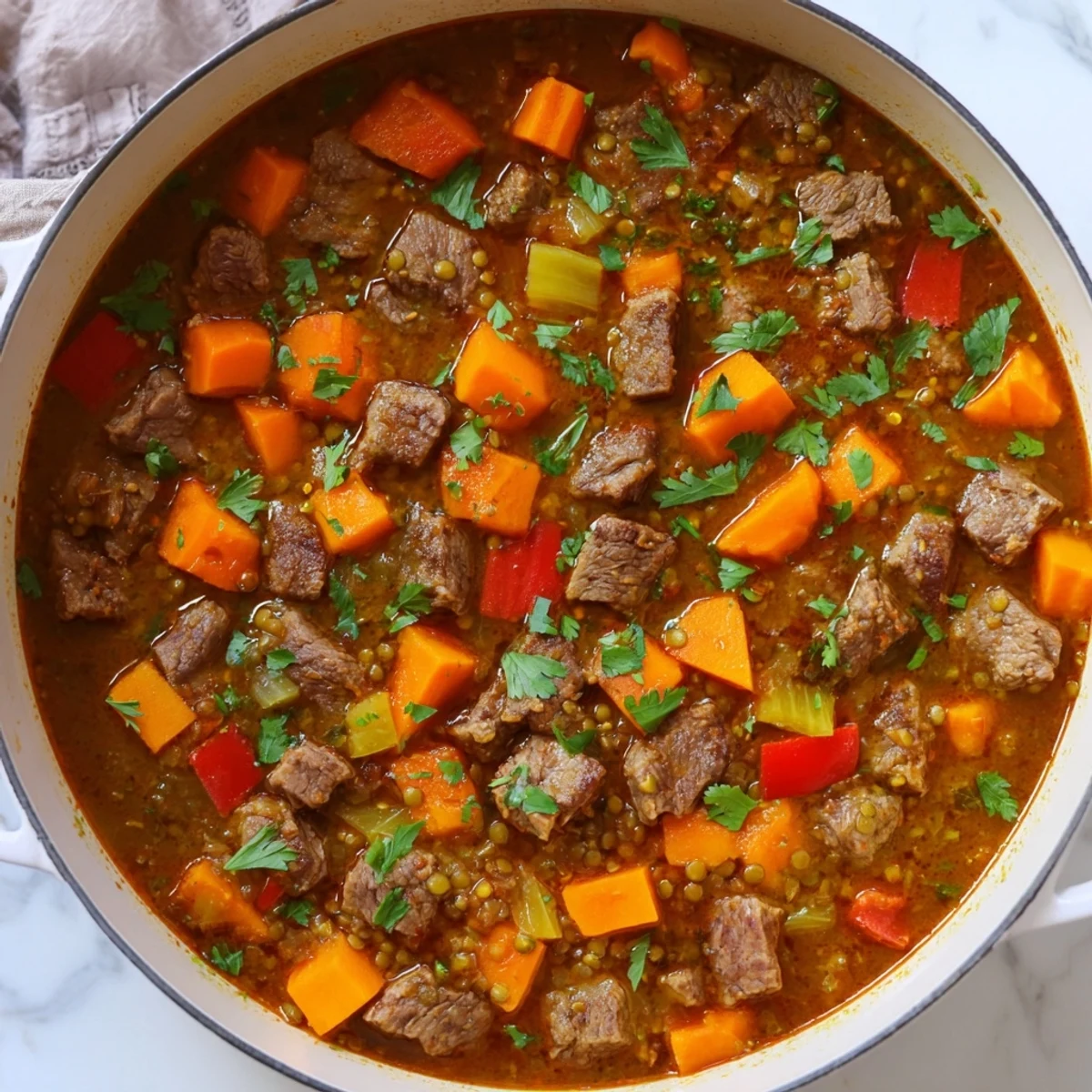 A close-up of the flavorful One-Pot Spicy Beef and Lentil Soup, full of vibrant vegetables.
