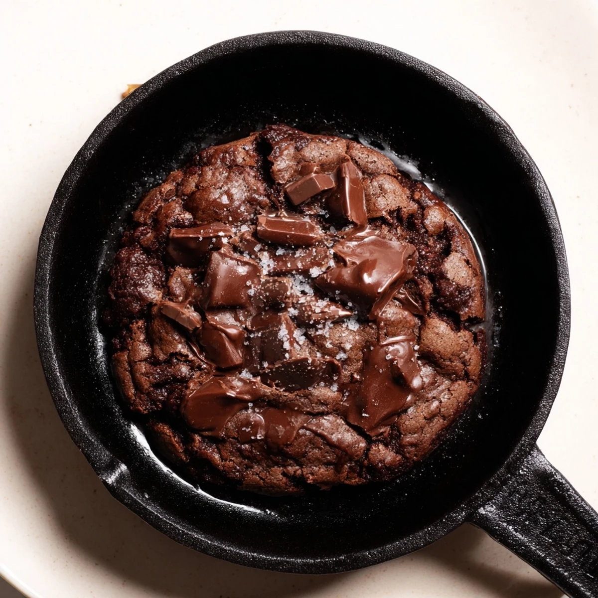 Freshly baked warm chocolate chunk skillet cookie, served beautifully with vanilla ice cream and sea salt.