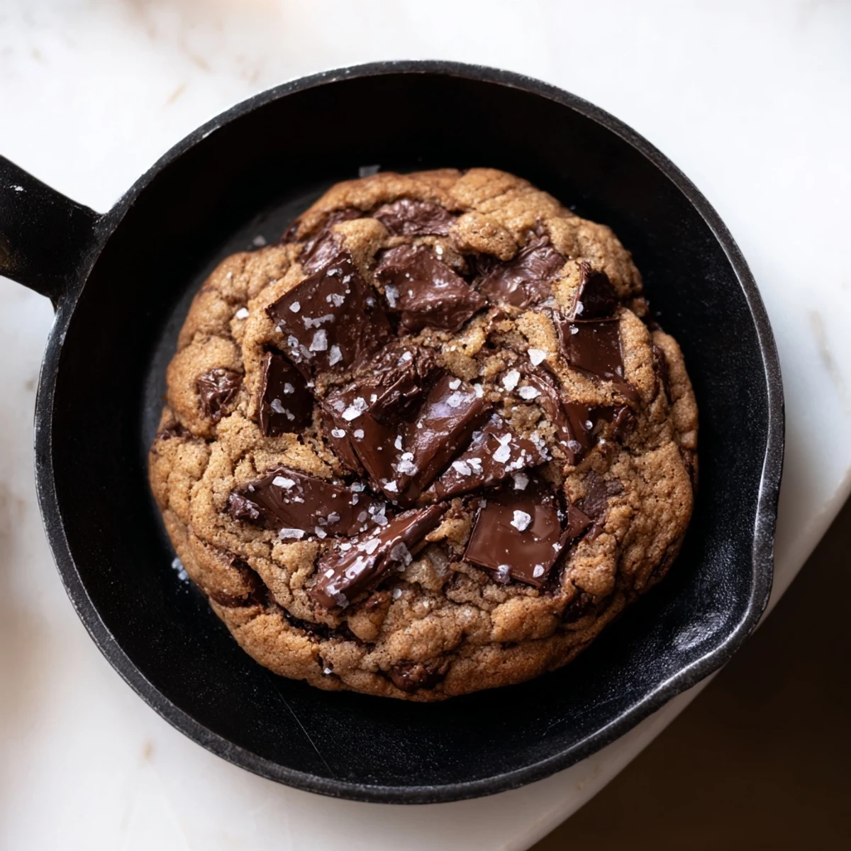 Gooey, delicious warm chocolate chunk skillet cookie, perfect for sharing, hot from the oven.