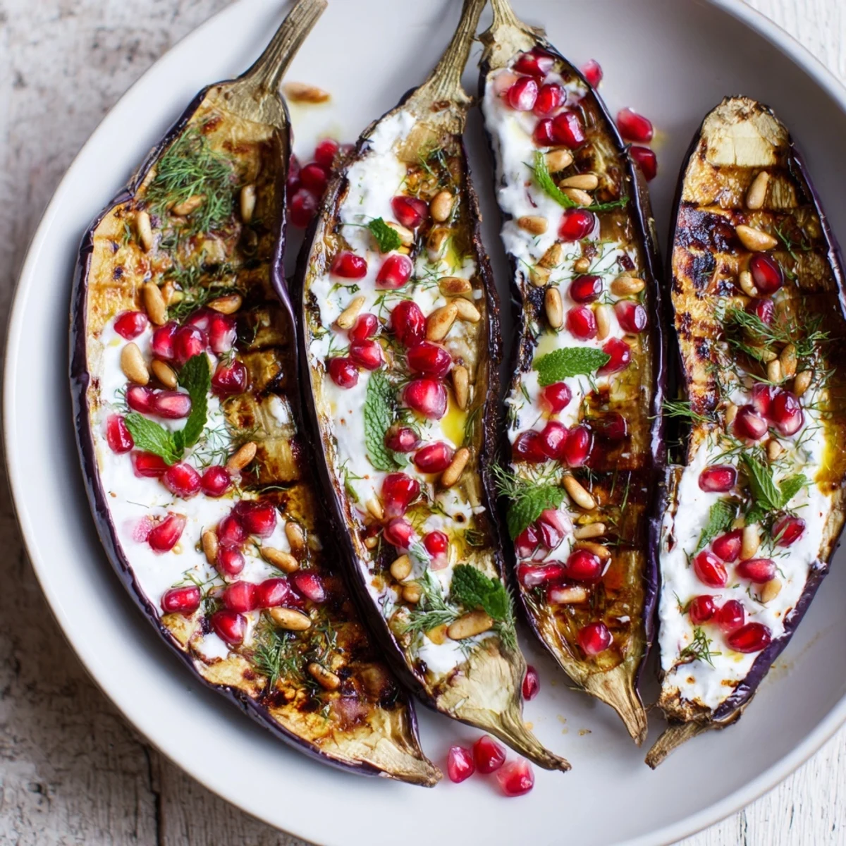 Roasted eggplant with pomegranate bursting with jewel-toned seeds and cool, creamy yogurt for a delightful dish.