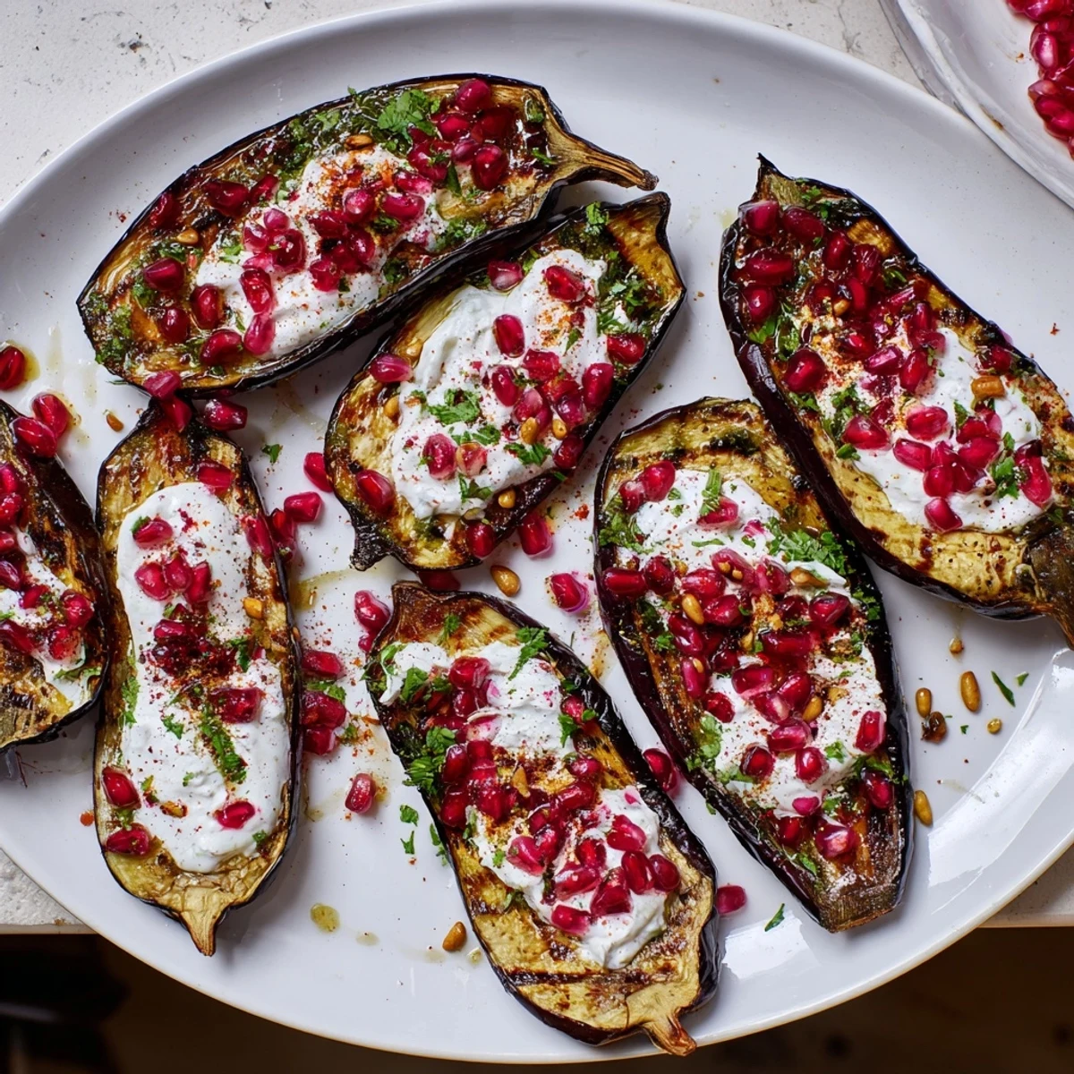 Picture a plate of roasted eggplant, perfectly tender, generously topped with that tantalizing pomegranate and vibrant yogurt.
