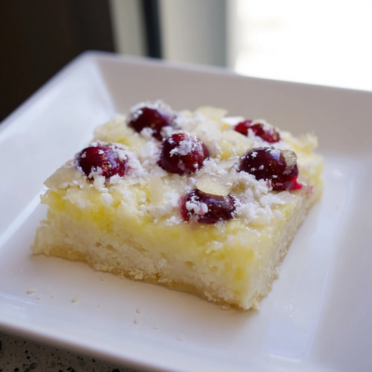 Golden, baked Decadent Lemon Curd and Blueberry Squares, showcasing a vibrant, fruity dessert topped with blueberries.
