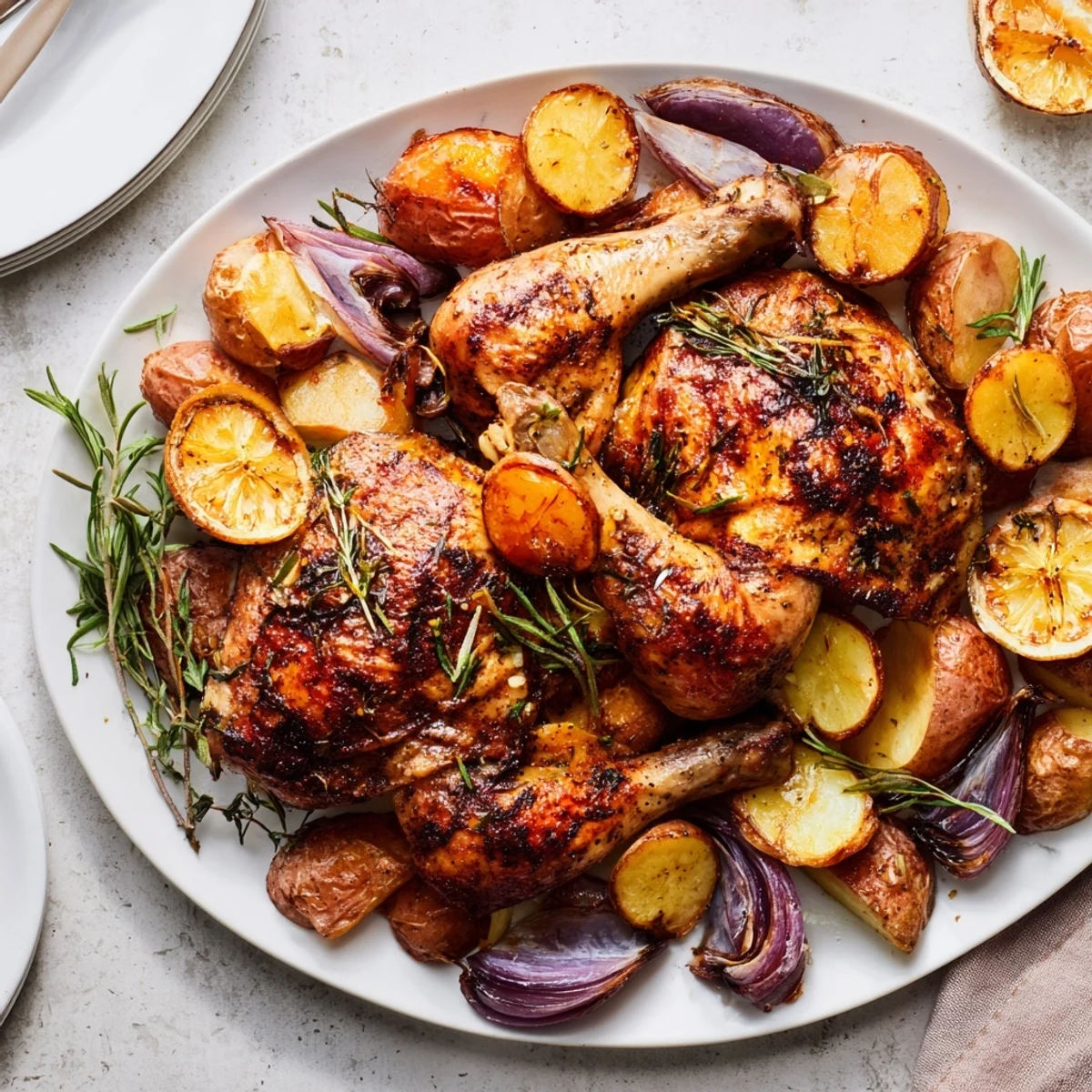 Golden-brown One-Dish Baked Chicken Thighs sizzling with lemon and thyme, served with roasted potatoes.