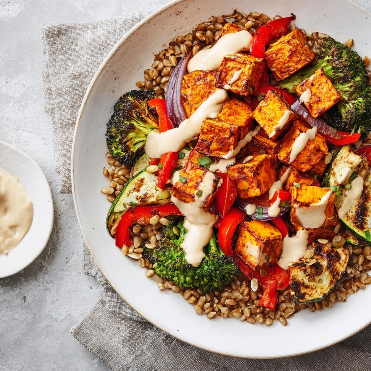 Hearty Roasted Vegetable and Farro Grain Bowl: a colorful, nourishing bowl of roasted vegetables and farro, drizzled with creamy tahini.
