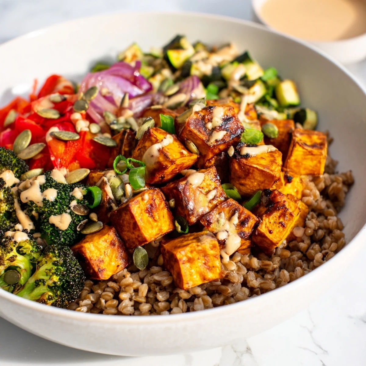 Close-up of a Hearty Roasted Vegetable and Farro Grain Bowl, featuring a medley of colors, topped with fresh parsley and pepitas.