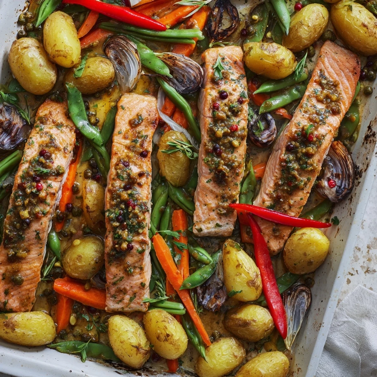 Golden-brown One-Tray Baked Salmon with Honey Mustard Sauce, a vibrant and flavorful weeknight dinner.