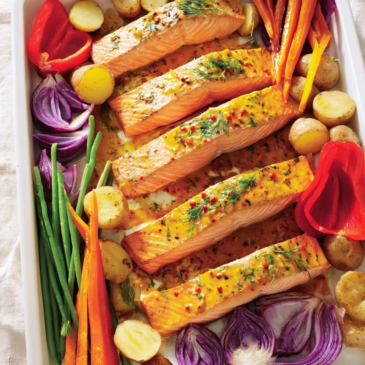 A close-up of delicious One-Tray Baked Salmon, perfectly cooked with a rich, tangy honey mustard glaze.