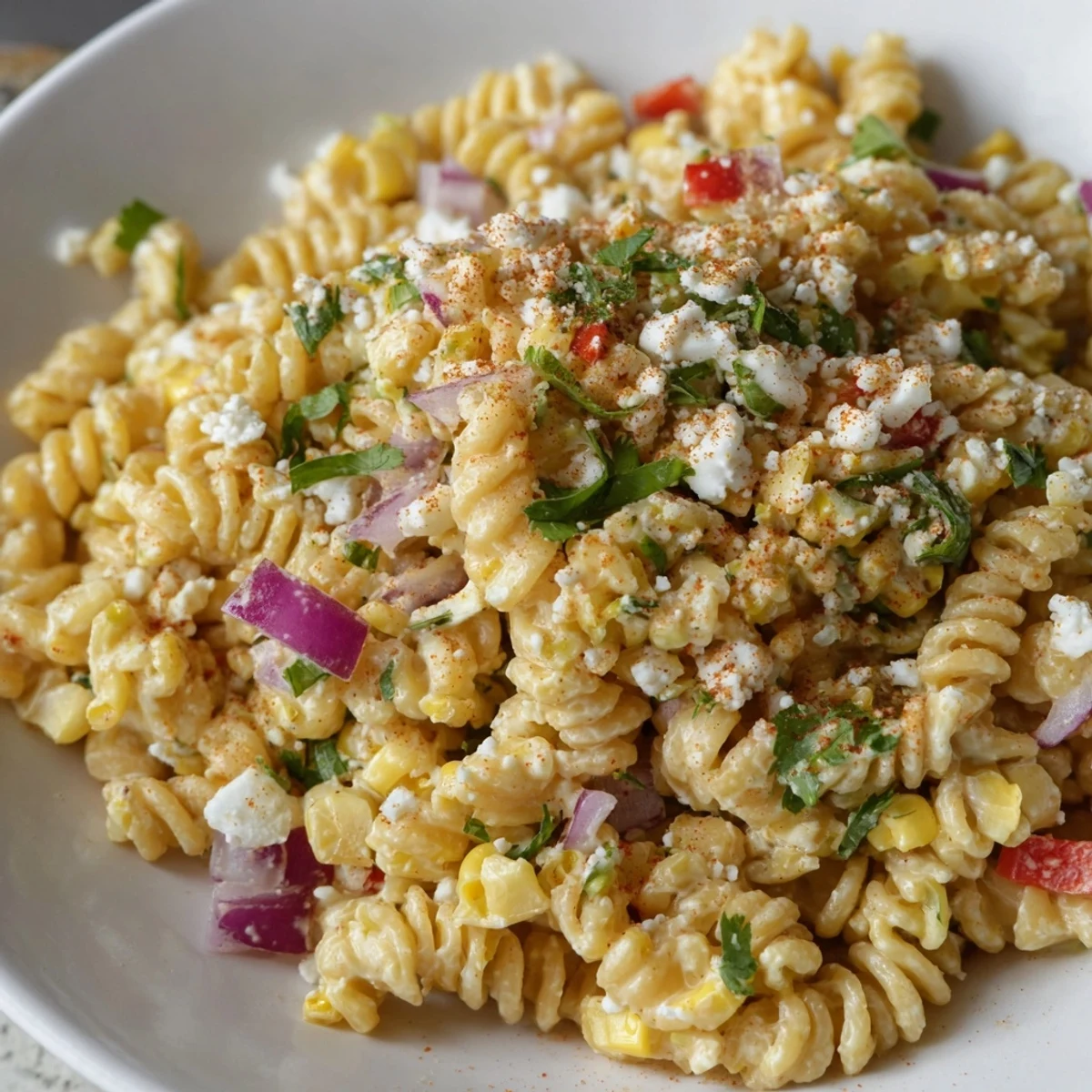 Vibrant Mexican street corn pasta salad, featuring charred corn, creamy dressing, and crumbled cotija.