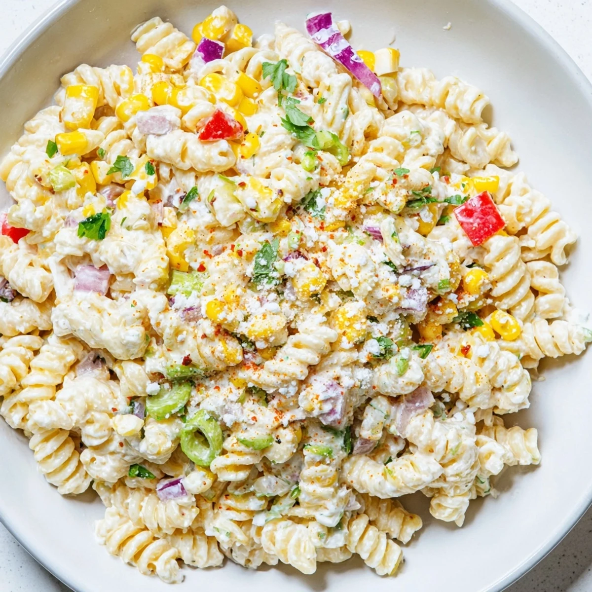 A refreshing bowl of chilled Mexican street corn pasta, perfect for summer gatherings, ready to eat.