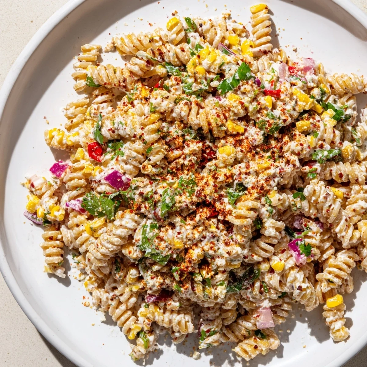 Close-up of fully dressed Mexican street corn pasta with colorful vegetables and cotija cheese topping.
