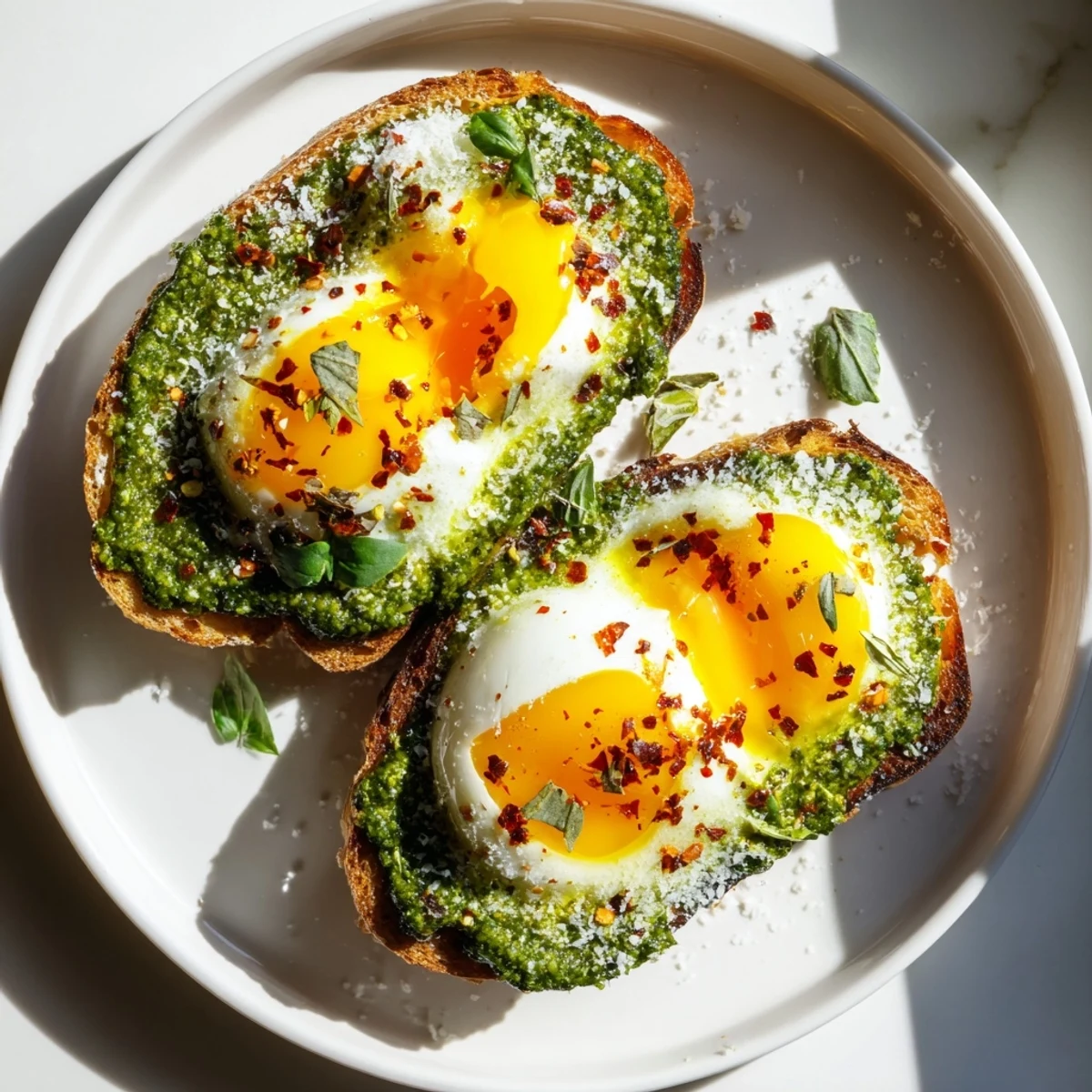 Creamy jammy eggs sit on a bed of bright pesto on perfectly toasted pesto egg toast.