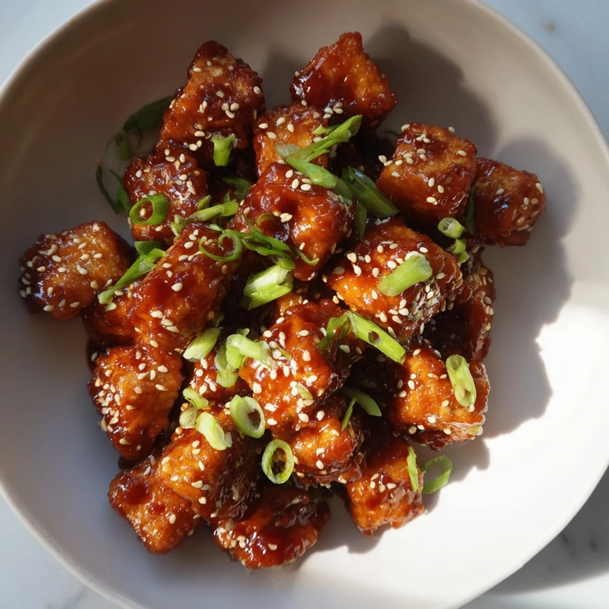 Golden crispy Honey Gochujang Tofu glistening with a spicy, sweet, and savory glaze.