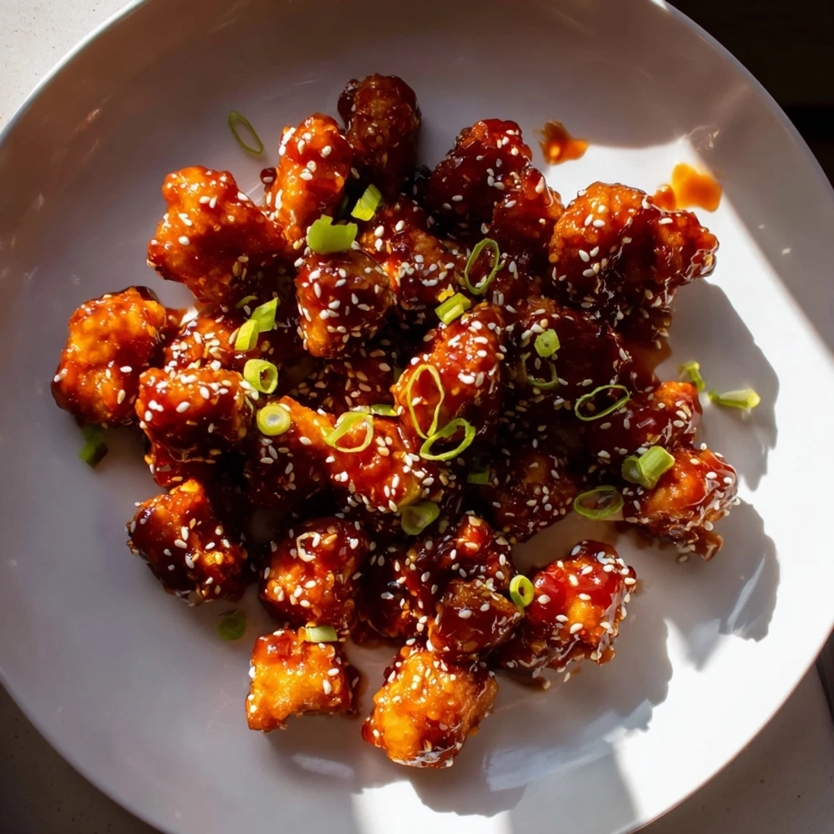 Perfectly fried Honey Gochujang Tofu tossed in a vibrant, sticky sauce, ready to serve.
