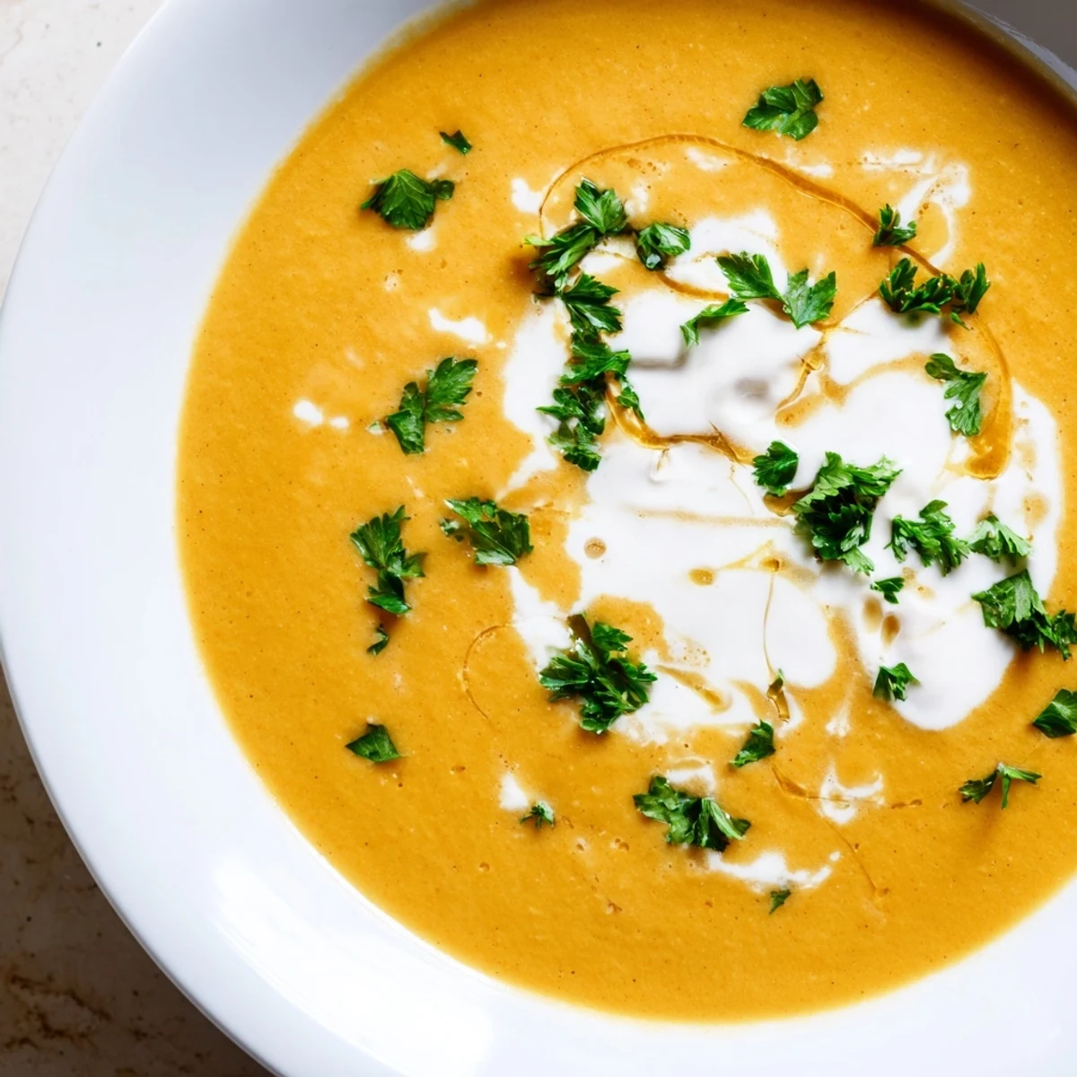 Creamy Sweet Maple Carrot Soup, garnished with parsley offers a flavorful, comforting bowl.
