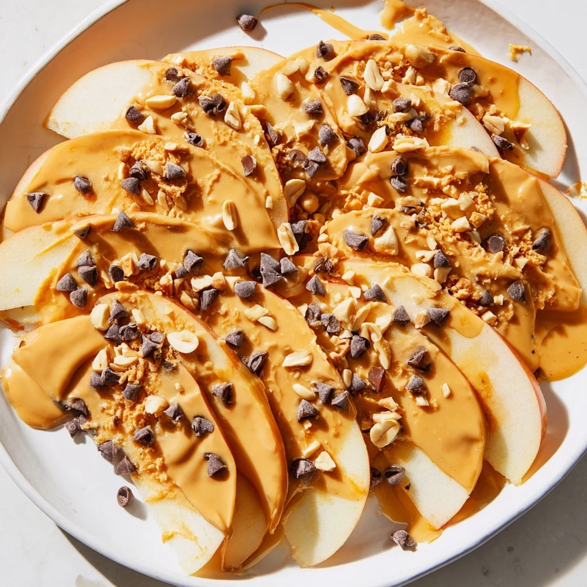 Delicious Peanut Butter Apple Nachos: Crispy apple slices smothered in peanut butter, nuts, and honey.