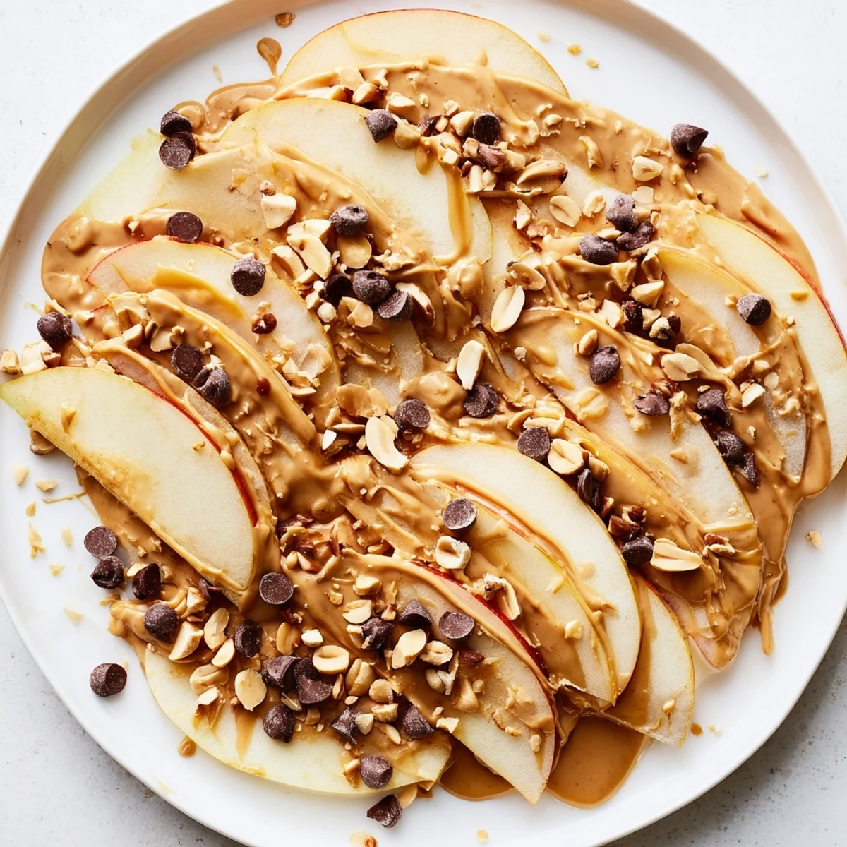 Sweet and savory Peanut Butter Apple Nachos: Delightful snack featuring drizzled peanut butter on fresh apples.