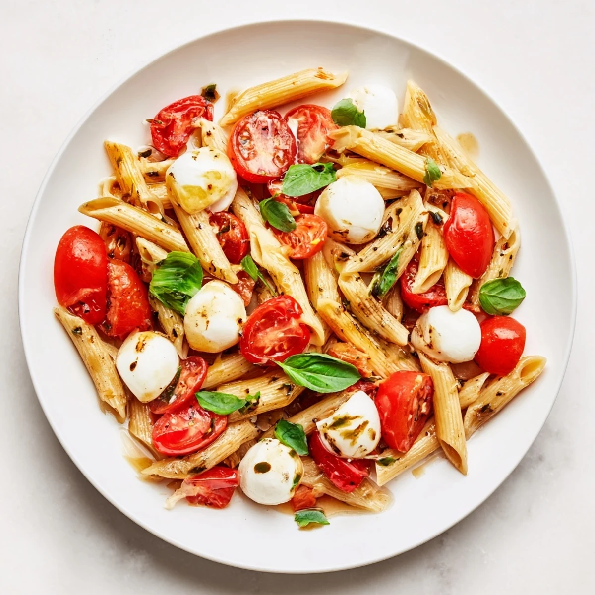 Vibrant Caprese Pasta Salad with ripe tomatoes, creamy mozzarella, and a light balsamic dressing.