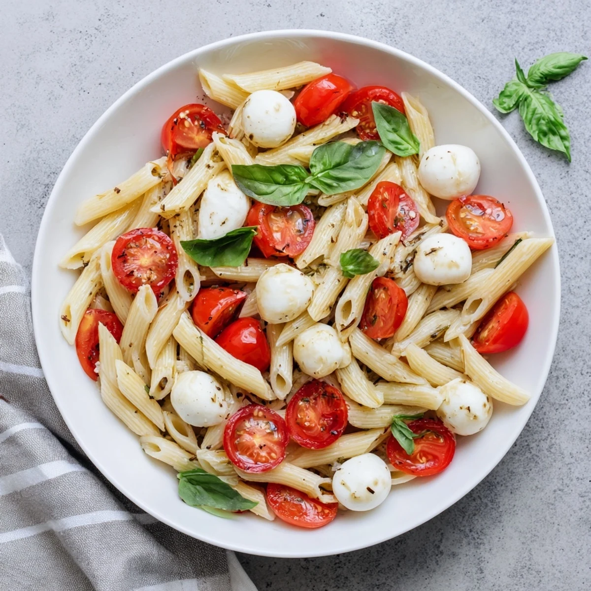 Brightly colored Caprese Pasta Salad, perfect for a summer lunch, bursting with fresh flavors.