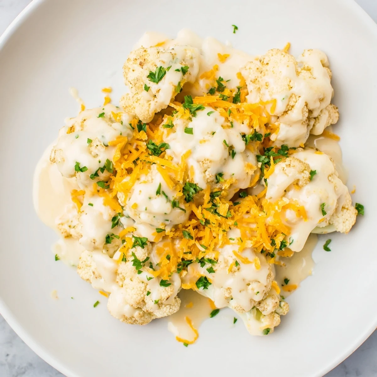 Golden, bubbly Cheesy Cauliflower Mac, a low-carb delight cooked until bubbling in the baking dish.