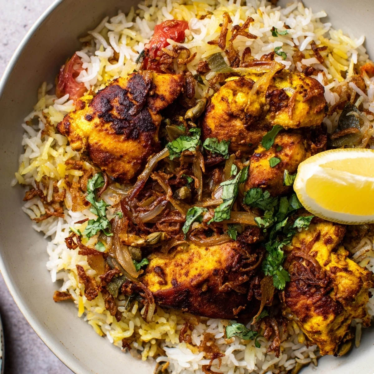 Serve this warm, delicious Easy Chicken Biryani with a refreshing side of cucumber salad.