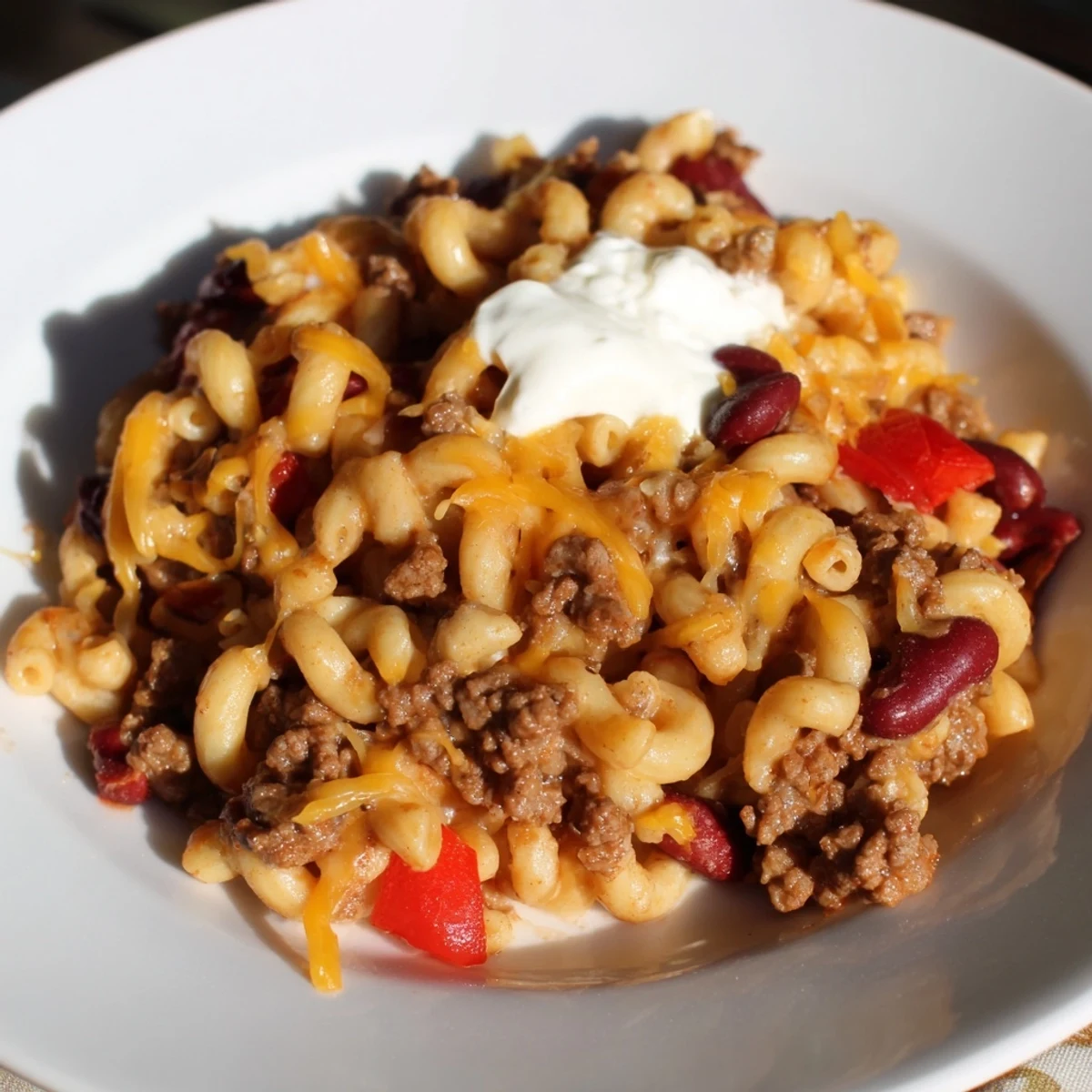 Golden, bubbling One-Pot Chili Mac topped with melted cheddar, perfect for a hearty dinner.
