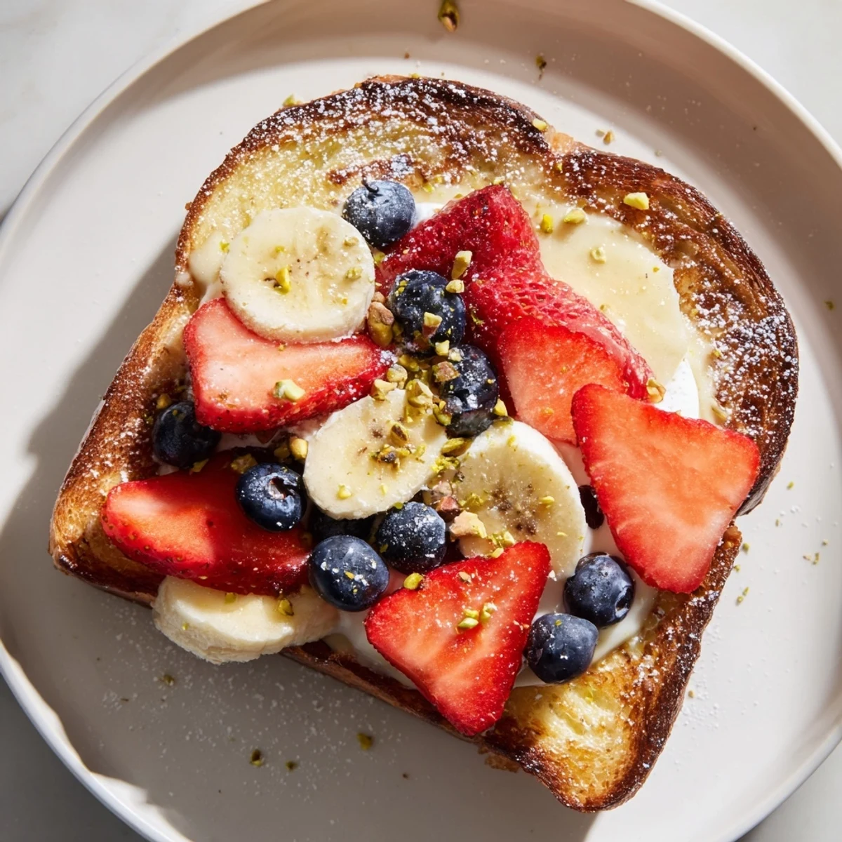 Baked Viral Yogurt Toast, showcasing a creamy yogurt custard filling topped with fresh, juicy fruit.