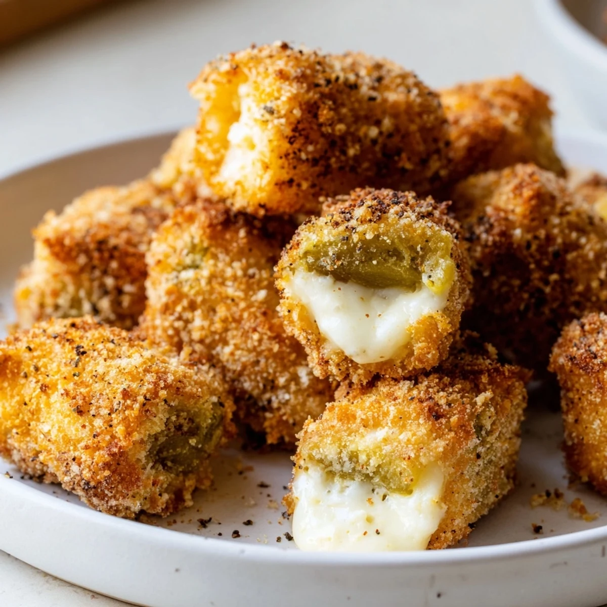 Close-up of crispy Chickle Bites, offering a savory crunch with melted cheese and fresh pickles.