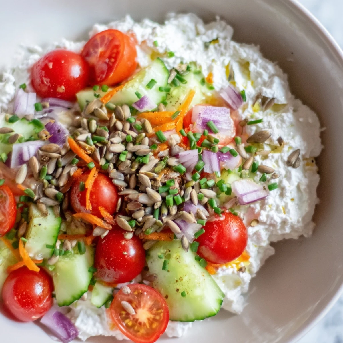 This cottage cheese snack bowl features a creamy base topped with fresh, chopped vegetables.