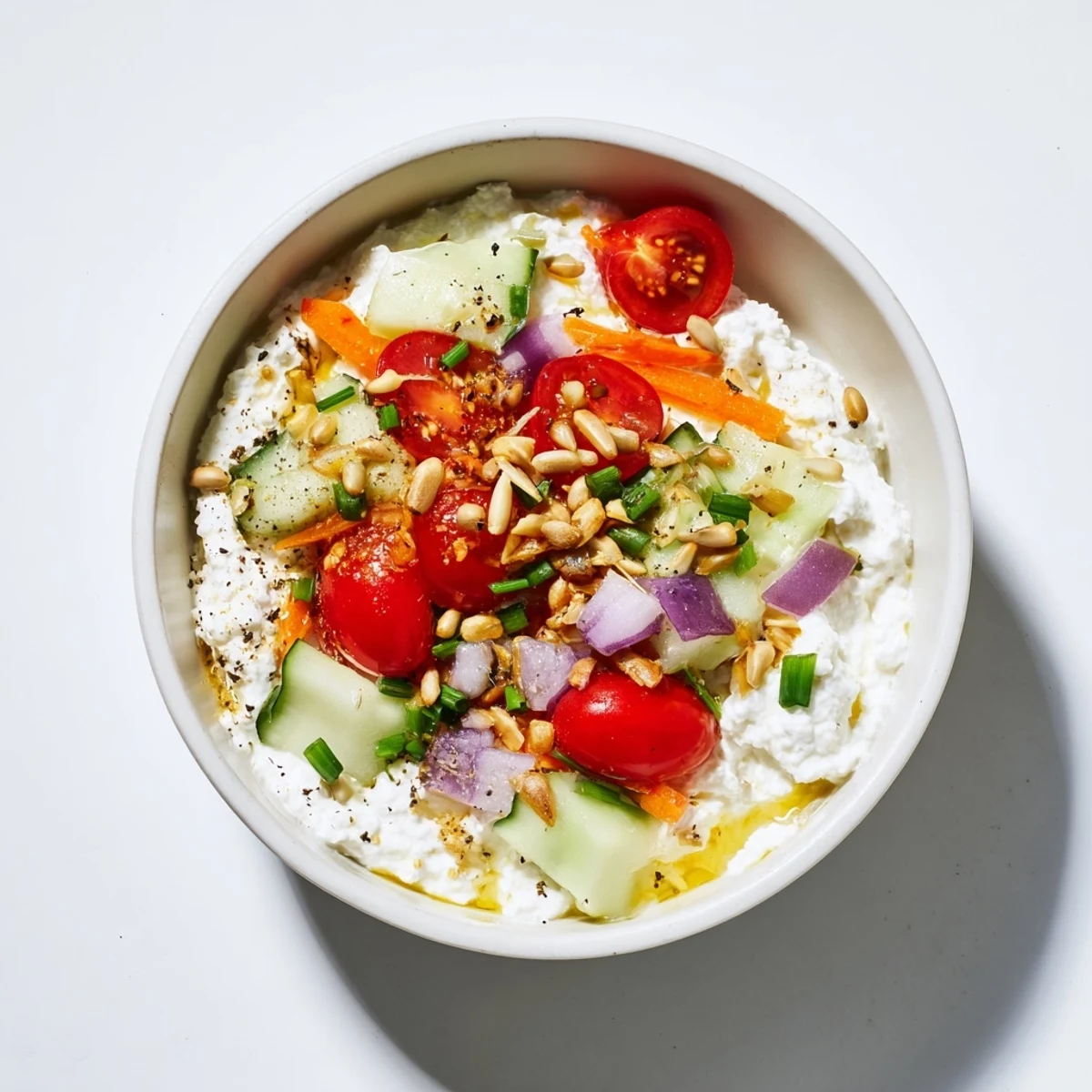 Vibrant cottage cheese snack bowl, a high-protein remix with colorful veggies and crunchy seeds.