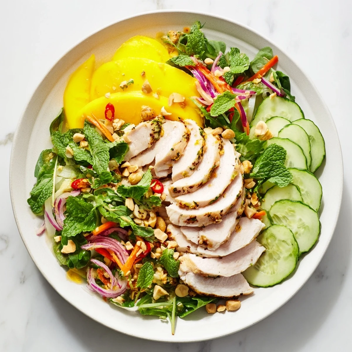 Juicy Thai Mango Chicken Salad with colorful vegetables and vibrant lime-chili dressing.