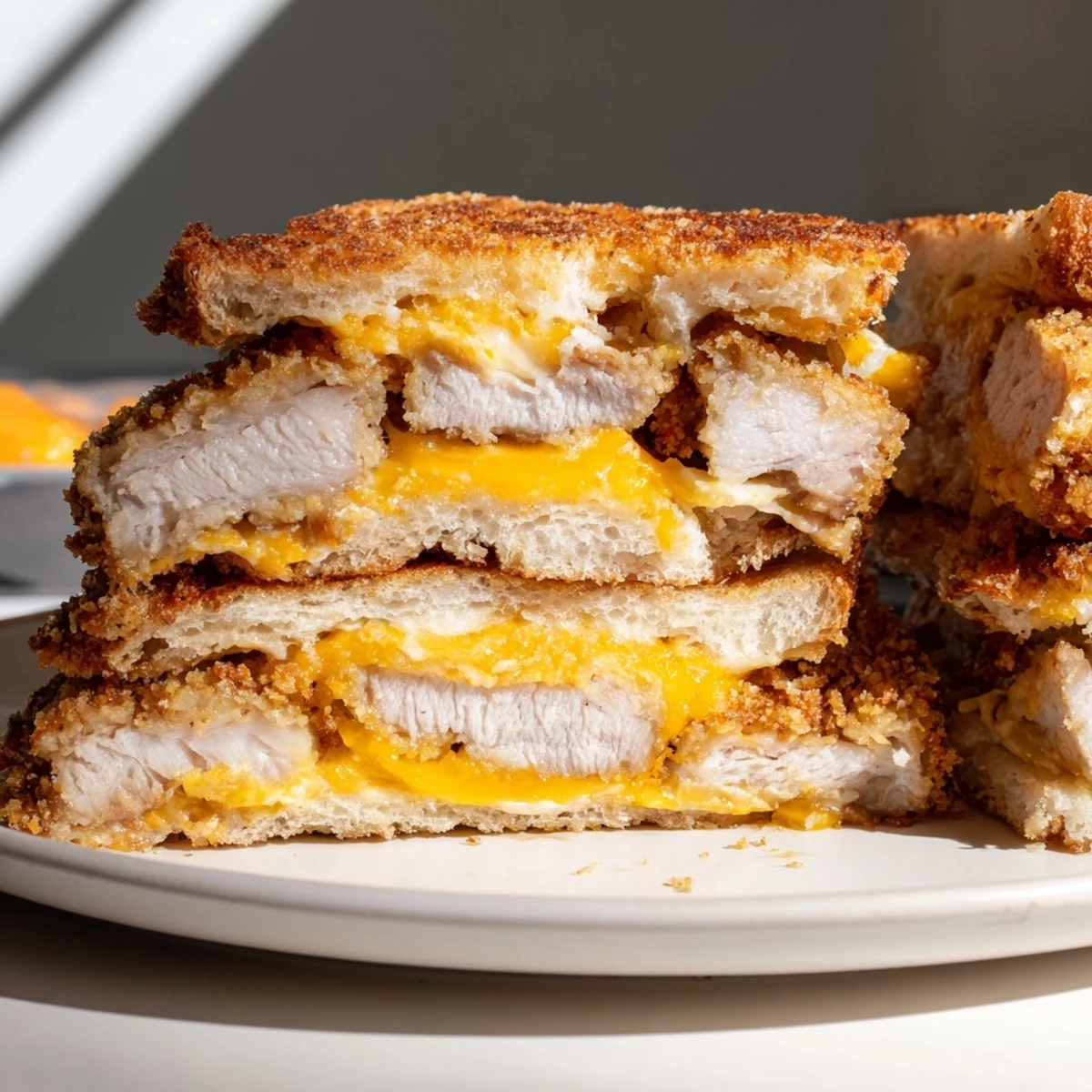 Golden, crusty Crispy Panko Pork Chop Grilled Cheese with melted cheese oozing from the sides.