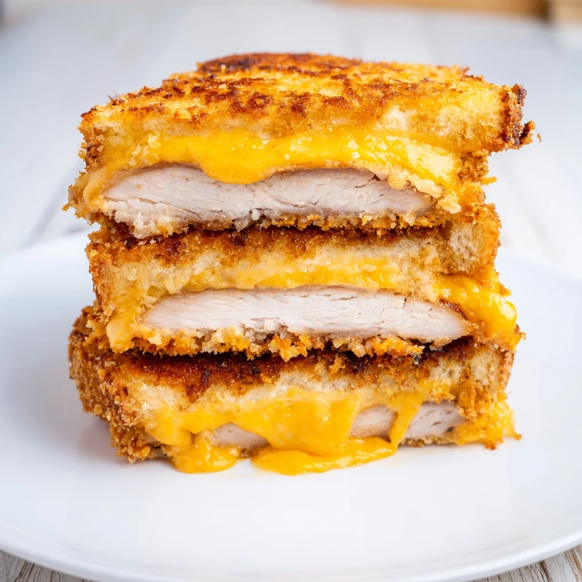 A close-up of a perfectly grilled Crispy Panko Pork Chop Grilled Cheese sandwich, promising a delicious bite.