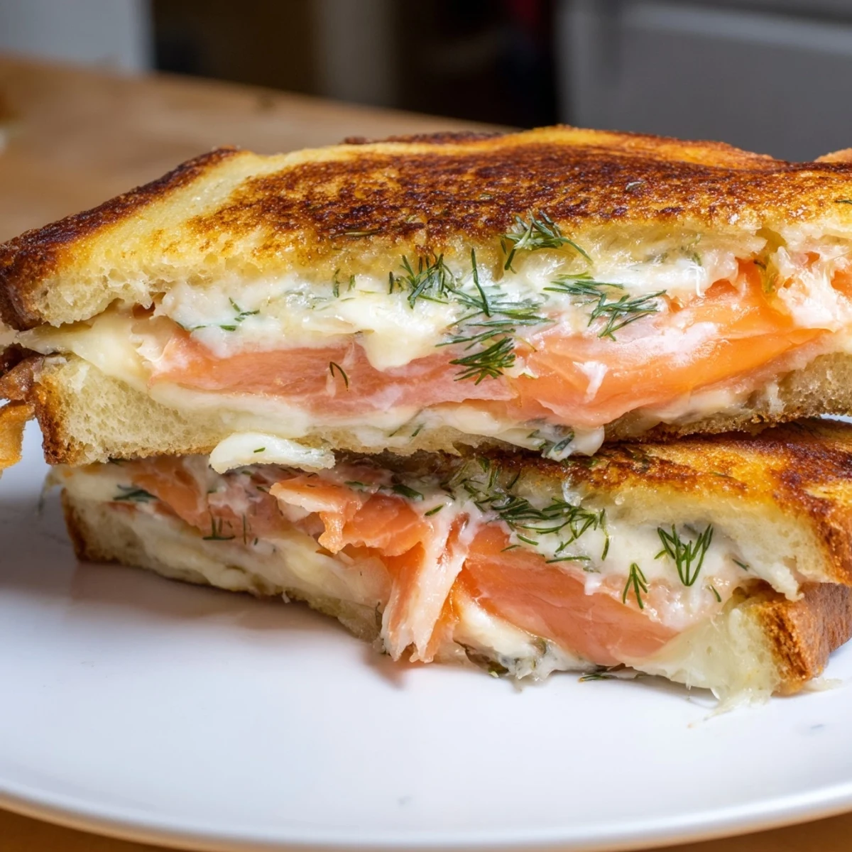Close-up of a warm, melty Smoked Salmon Grilled Cheese, showcasing the flaky salmon and delicious flavors.