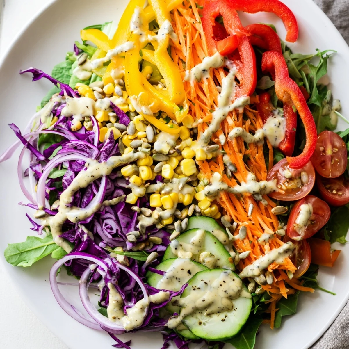 Vivid Rainbow Salad with colorful veggies glistening under creamy tahini dressing, ready to eat.