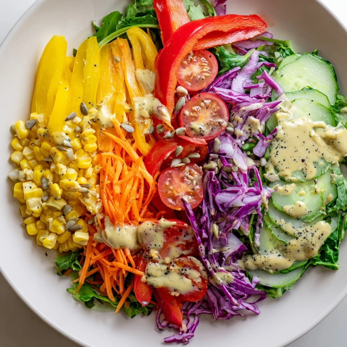A beautiful Rainbow Salad, a vibrant mix of chopped vegetables, promising a burst of healthy flavors.