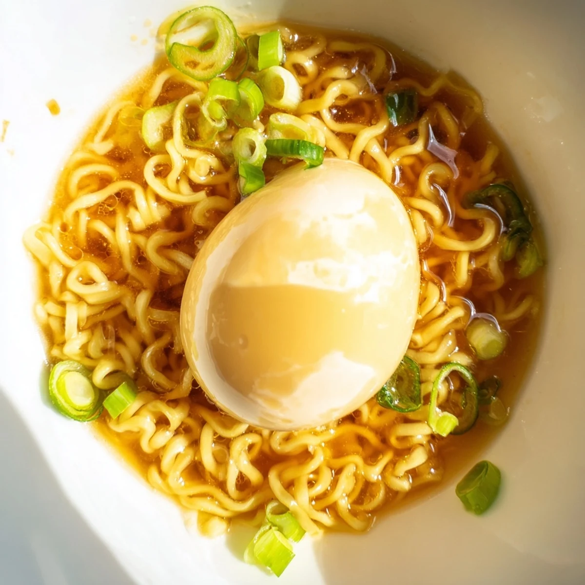 Close-up of a rich and delicious bowl of instant ramen, beautifully upgraded with egg and savory toppings.